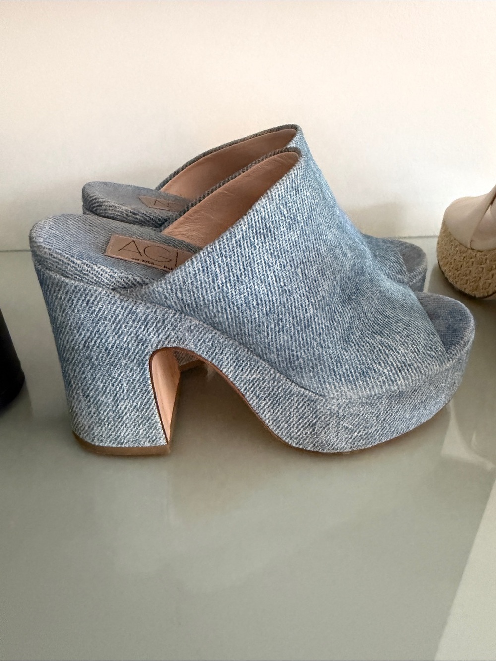 Agl Light Blue Denim-Textured Platform Mules